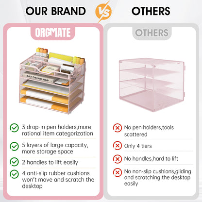 OrgMate 5 Tier Paper Letter Tray with 3 Drop-in Pen Holders, Mesh Desk File Organizer with Handle, Desk Organizers and Accessories for School,Home, Office Supplies Storage-Pink