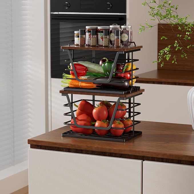 2 Pack Stackable Trash Bag Holders with Wood Top, Large & Small Garbage Bag Dispenser for Kitchen, Pantry, Laundry Room Organization, Wall Mount or Countertop Use, Black