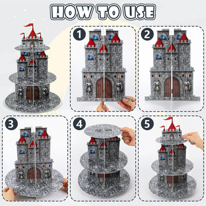 3 Tier Medieval Castle Cupcake Stand Decor with 24 Cake Toppers Knight Birthday Party Decorations Medieval Theme Dessert Cardboard Stand Tower Castle Cupcake Holder for Boys Baby Shower Supplies