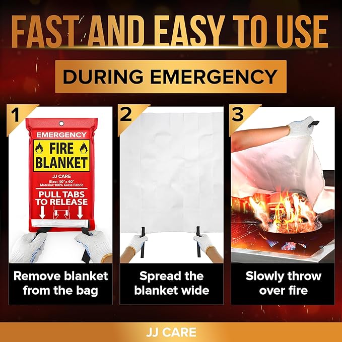 JJ CARE Fire Blanket – 3 Packs with Hooks – Emergency Fire Blanket for Home & Kitchen, High Heat Resistant Fire Suppression Blankets for Home Safety, Kitchen, and Camping