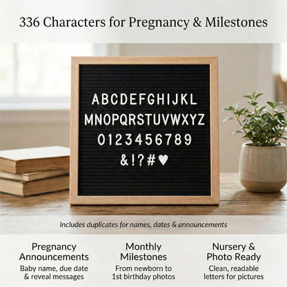 C CRYSTAL LEMON Black Felt Letter Board 10x10in, Baby Announcement Sign & Pregnancy Announcement Board, 336 Pre-Cut Letters, Wooden Frame, Felt Letter Board for Milestone Photos, Wall Mount or Stand