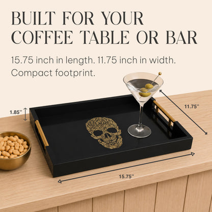 Gothic Skull Serving Tray with Gold Handles – Black Gloss Wooden Ottoman Tray for Coffee Table, Bar, or Kitchen – Elegant Gothic Decor & Unique Gift for Halloween, Horror & Alternative Style Lovers