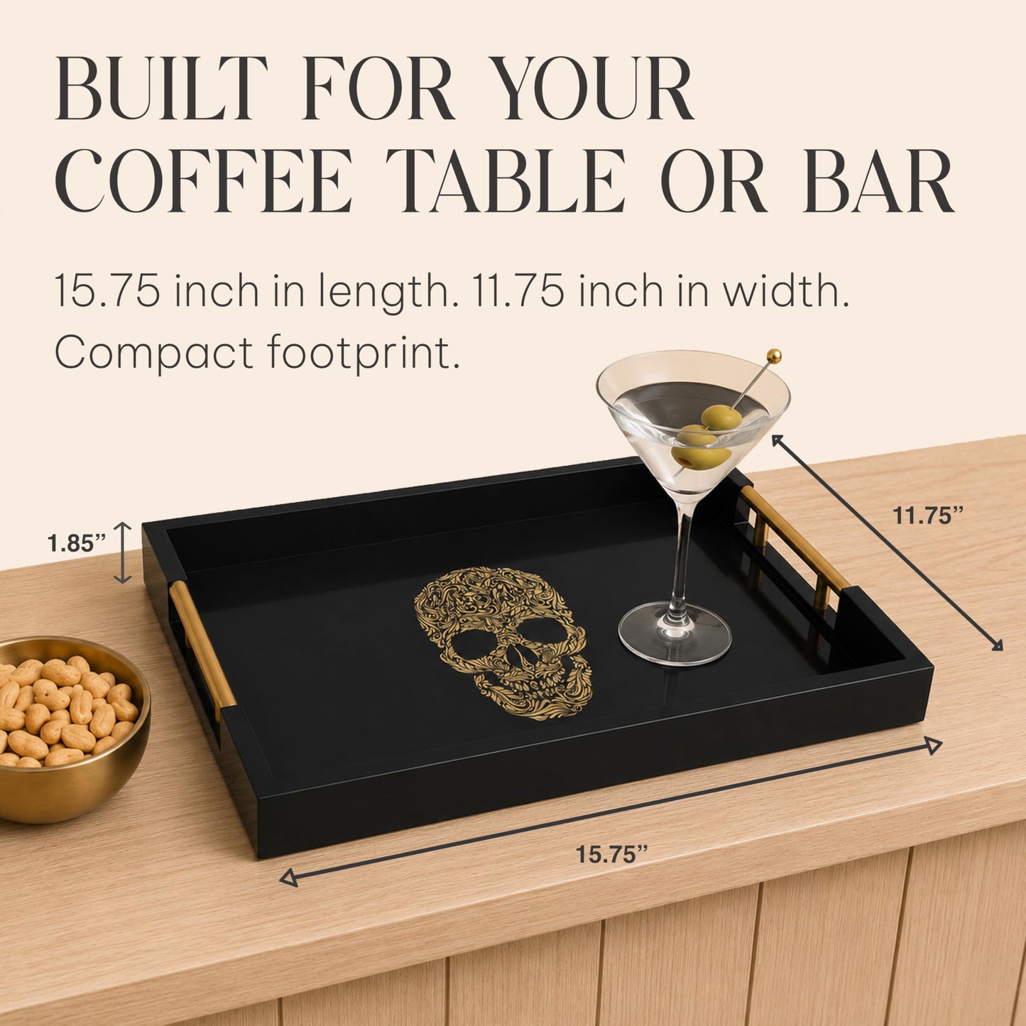 Gothic Skull Serving Tray with Gold Handles – Black Gloss Wooden Ottoman Tray for Coffee Table, Bar, or Kitchen – Elegant Gothic Decor & Unique Gift for Halloween, Horror & Alternative Style Lovers