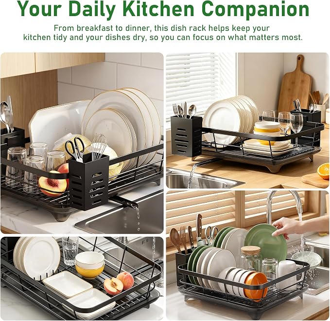 Dish Drying Rack for Kitchen Counter, Large Capacity Rust Resistant Rack with Removable Utensil Holder, Space-Saving Sink Organizer for Home and Apartment, 12" W x 16.6" L (Black)