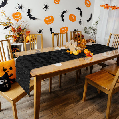 FYSUIMU Halloween Table Runner Soft Plush Faux Fur 3D Jacquard Black Bat Table Cover Spooky Bat Tabletop Decoration for Holiday Home Party Decor
