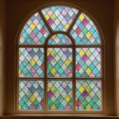 FEOMOS Stained Glass Window Film, Window Privacy Films, Colorful Lattice Window Tint, Rainbow Glass Decals Stickers for Home Anti UV 17.3x118 inches