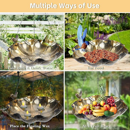 MUMTOP Hanging Bird Baths for Outdoors - Metal Bird Bath, 11.6 Inch Flower Shape Birdbath Bird Feeder Bowl for Outside, Garden, Lawn Yard Decor(Silver)