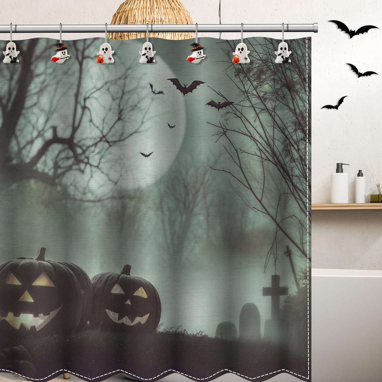 Colingmill 12 Pcs Halloween Ghost Shower Curtain Hooks Xmas Shower Curtain Hooks Halloween Bathroom Decor Rings for Bathroom Bedroom
