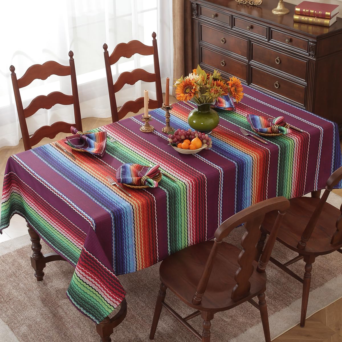 SASTYBALE Mexican Tablecloth 52x70 Inch Rectangle Halloween Cinco De Mayo Mexico Fiesta Day of The Dead Stripes Table Cloth Waterproof Washable Seasonal Fabirc Table Cover for Party Picnic Dining