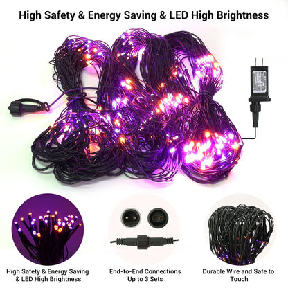 Joomer 12ft x 5ft 360LED Orange Purple Halloween Net Lights Outdoor Mesh lights, 8 Modes Timer Connectable Waterproof Bush Light Mesh Netting Light for Halloween Outdoor Decorations (Green Wire)