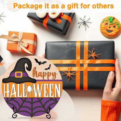 Seclate Halloween Desk Decorations for Home, Witch Hat Wooden Table Centerpieces for Office Living Room Shelf Decor, Spider Web Gifts for Women Friends - E07