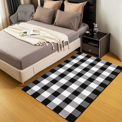 YINMEIJU Buffalo Plaid Rug 3'x5' Black and White Checkered Rug Front Door Mat Outdoor Cotton Washable Front Porch Rug Layered Doormats for Front Porch/Farmhouse/Entryway