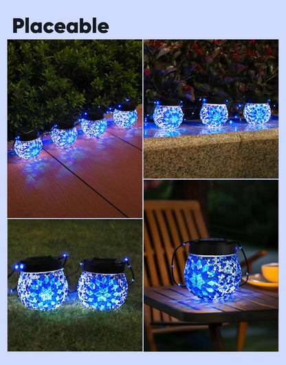 Mosaic Solar Lights Outdoor 2 Pack, Solar Hanging Lanterns Christmas Halloween Gifts for Women Mom Grandma, Waterproof Glass Globe Lights, Garden Patio Decor for Yard, Tree, Balcony, Cold
