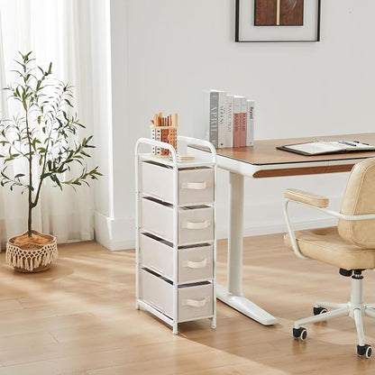 MAX Houser 4 Drawer Narrow Dresser Fabric Storage Tower Vertical Slim Storage Chest Organizer Nightstand Side/End Table Small Standing Organizer Removable Drawers Wood Top for Bedroom, Bathroom(Beige)