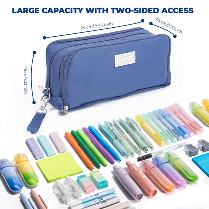 Four Candies Blue Pencil Case 3 Compartment Pouch, Large Pencil Case for School, Girls, Teen Boys, Women, Dark Blue, Removable Handle & Zipper, Cute Pencil Bag for Office, College