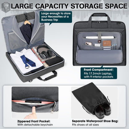 RAINSMORE Garment Bags for Travel Carry On Garment Bag for Hanging Clothes, Suit Bag for Business Trips with Shoes bag & Shoulder Strap, Waterproof Foldable Suit Luggage Bag for Men Women, Gray