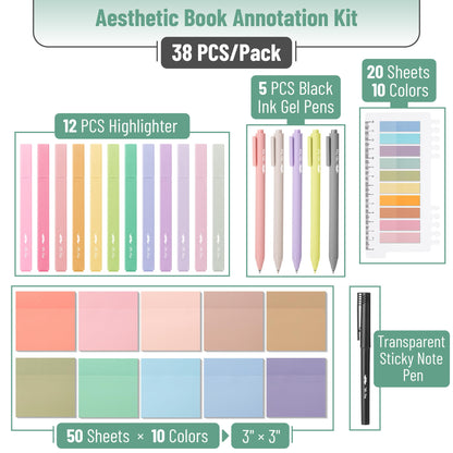 Mr. Pen- Aesthetic Book Annotation Kit, 38 pcs, 12 No Bleed Aesthetic Highlighters, 5 Gel Pens Black Ink, 700 Transparent Sticky Notes & Tabs for Study, Bible Journaling, Planner, Office Supplies