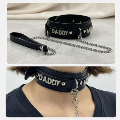 Handmade Leather Black Collar Necklace with Extra Long Chain, Adjustable Fit, Durable Stitching Punk Collar with Custom Exaggerated Personalized Fashion Alphabet Choker for Carnival Party Music Festival