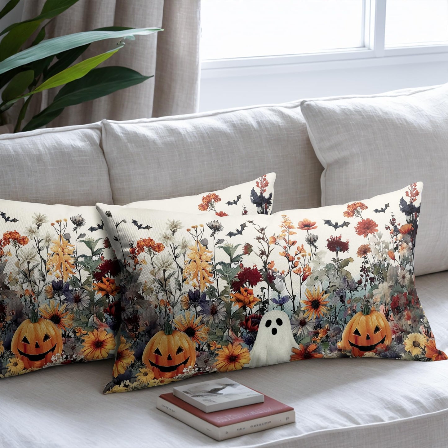 Halloween Pillow Covers 12x20 Inch Set of 2 Ghost Pumpkins Bats and Wildflower Horror Cotton Linen Decorative Throw Pillow Cases Spooky Holiday Cushion Covers for Bedroom Living Room Sofa Couch Chair