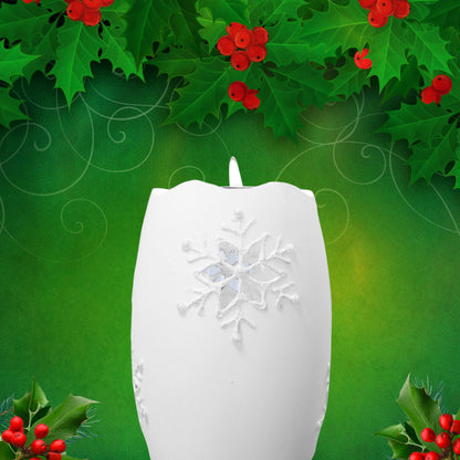 Lighted Snowflake Candle Holder – White Frosted Glass Christmas Decoration, 5" H x 3.5" D Winter Snowflake Table Décor, LED Holiday Candle Holder for Mantel, Shelf, Centerpiece Home Accent Gift