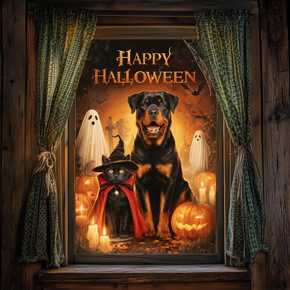 HOMETITUTE Halloween Window Film 24x36 Inch PVC Rottweiler Window Decal and Black Cat Window Sticker with Pumpkin Ghost Bat Design for Glass Halloween Glass Decoration Home