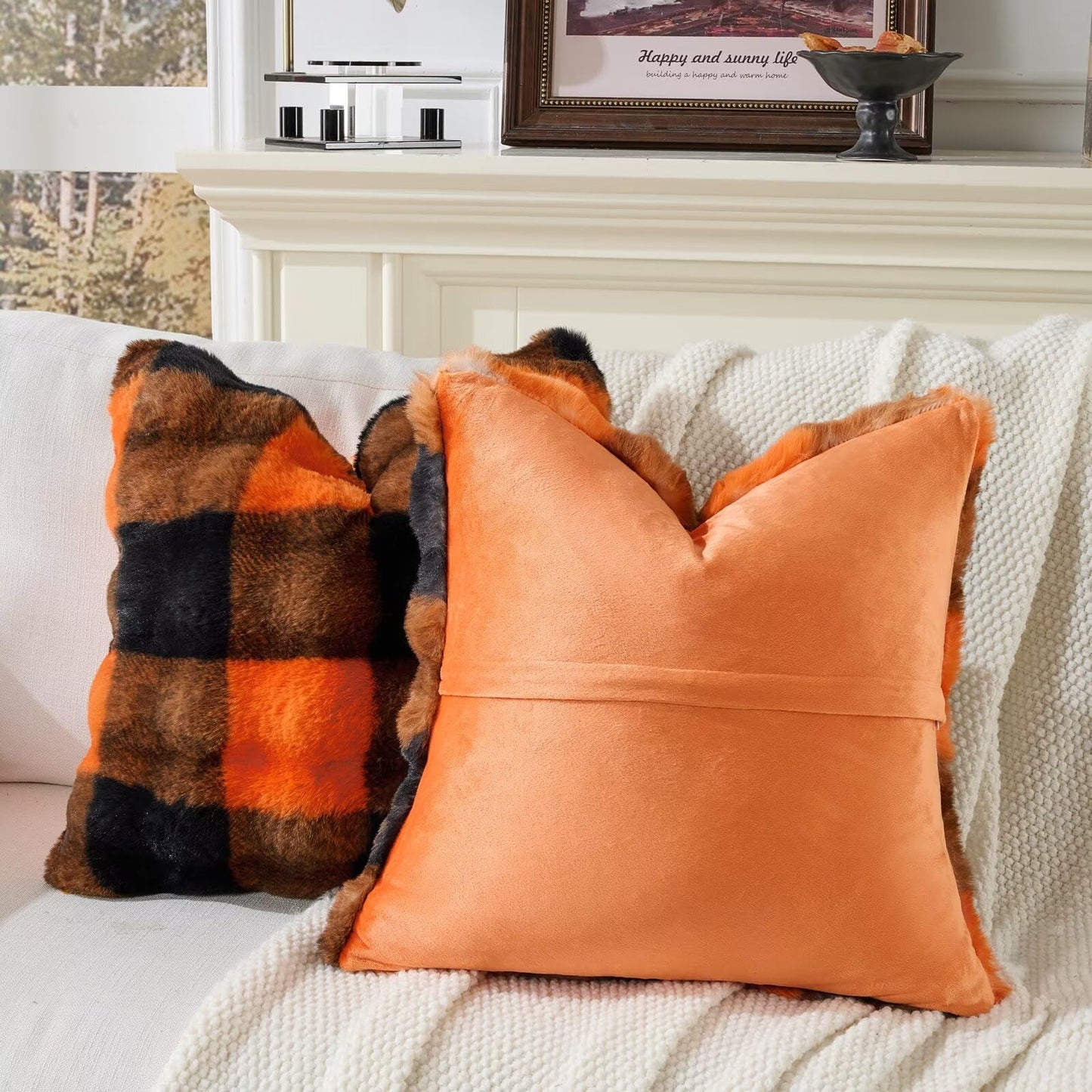 Animebody Set of 2 Faux Fur Cozy Throw Pillow Covers Halloween Decorations Throw Pillows Cushion Pillowcase for Sofa Couch,Orange-Black Grid Print 24 x 24 Inch