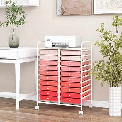 COSTWAY 20-Drawer Rolling Storage Cart, Utility Storage Organizer Cart for Tools, Scrapbook, Paper, Craft, Multipurpose Storage Trolley on Wheels for Home Office School, Mixed Pink