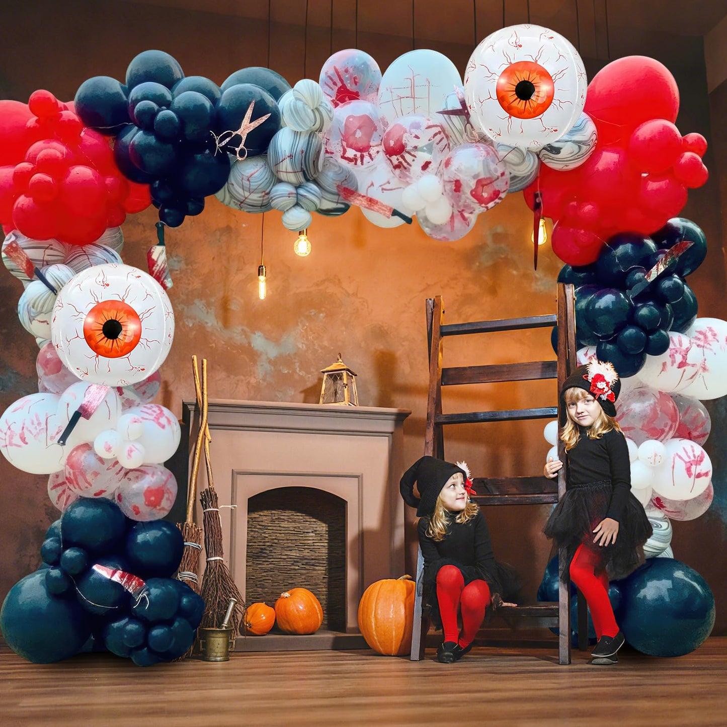 Halloween Balloons Arch Scary Bloody Red White Balloons Garland with Spider Web 3D Spider Stickers Eyeball Blood Handprint Latex Helium Balloon Halloween Birthday Party Decorations Haunted House