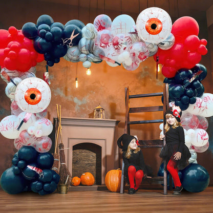Halloween Balloons Arch Scary Bloody Red White Balloons Garland with Spider Web 3D Spider Stickers Eyeball Blood Handprint Latex Helium Balloon Halloween Birthday Party Decorations Haunted House
