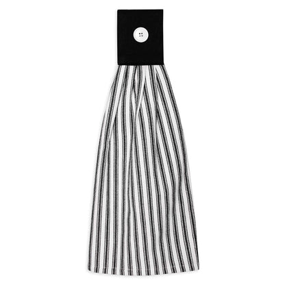 Cackleberry Home Black and White Ticking Stripe Hanging Kitchen Dish Hand Towel Cotton with Button Accent, Set of 2