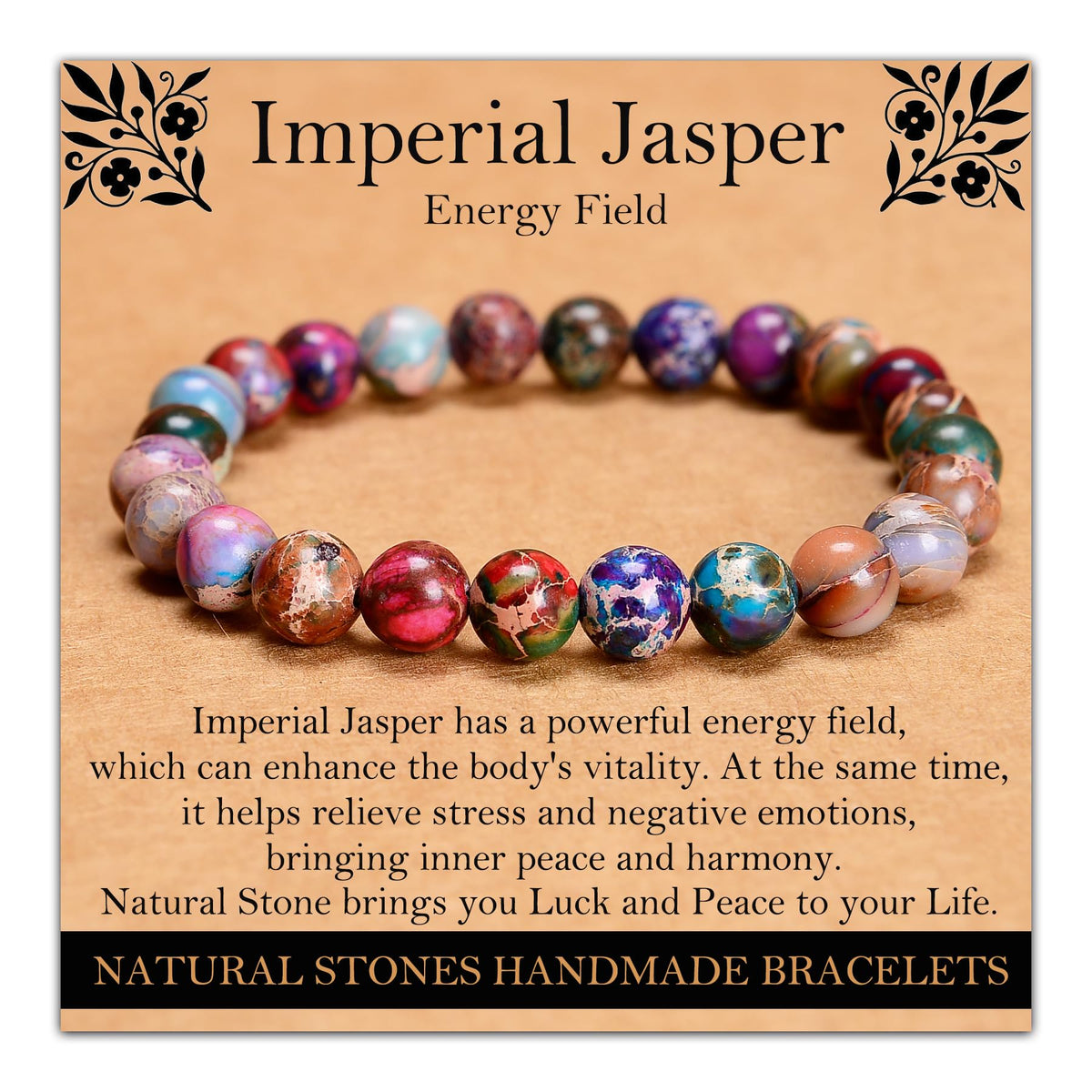 Handmade Natural Gemstone Elastic Bracelet - Healing Crystal Beads Jewelry, Unisex (Imperial Jasper, 8mm)