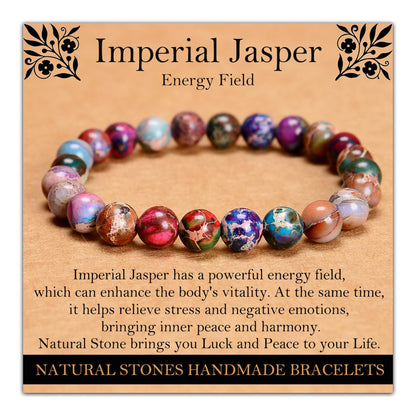 Handmade Natural Gemstone Elastic Bracelet - Healing Crystal Beads Jewelry, Unisex (Imperial Jasper, 8mm)