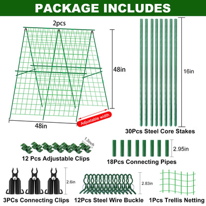 2 Packs 48" x 48" Foldable Cucumber Trellis for Raised Bed- A-Frame Garden Trellis for Climbing Plant Outdoor with Climbing Net & Plant Support Clip for Outdoor Plants Zucchini Vegetables Flowers