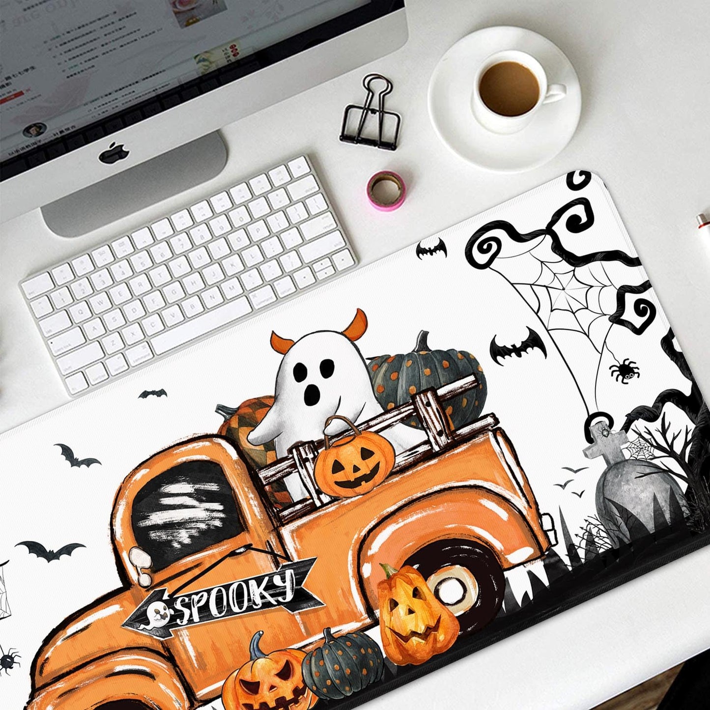 Britimes Halloween Ghost Truck Large Mouse Pad Non-Slip Desk Pad Keyboard and Mouse Desk Mat Spooky Bat Pumpkin Gaming Mousepad for Game,Office & Home,31.5 x 15.7 in