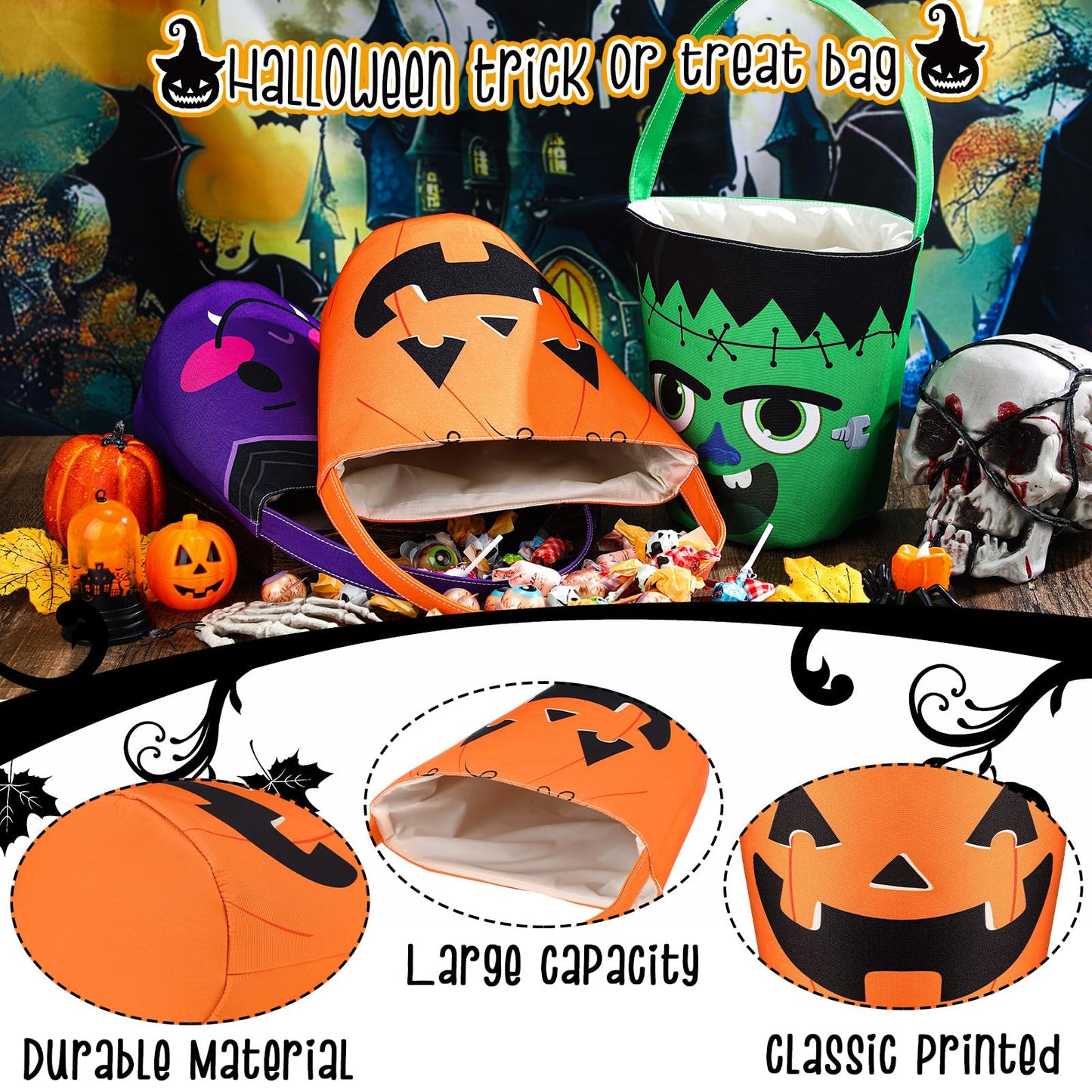 BBTO 3 Pieces Halloween Trick or Treat Bucket Candy Basket Canvas Halloween Party Tote Bags Goody Bucket for Kids Halloween Party Supplies (Halloween Monster)