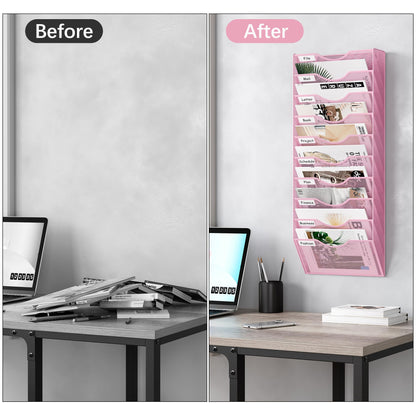 EasyPAG 10 Pocket Mesh Wall File Organizer, Hanging Paper Folder Holder with Classify Label, Vertical Wall Mount Mail Organizer for Office Home Classroom, Pink