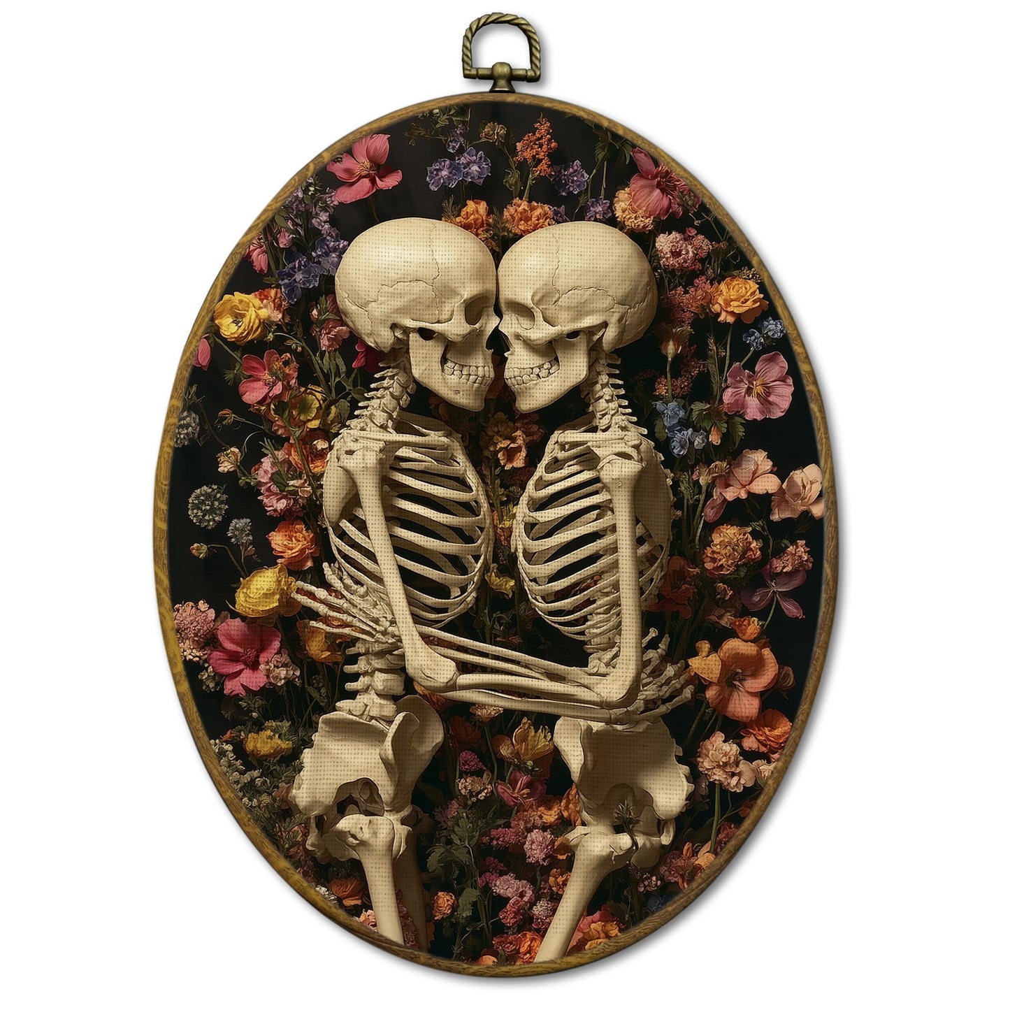 Mcehtle Halloween Gothic Couple Skeleton Wall Art Decor, Dark Academia Framed Canvas Prints 8.6x11.4, Spooky Skeleton Floral Oval Wall Hanging Artwork Decorations for Home Bedroom Living Room