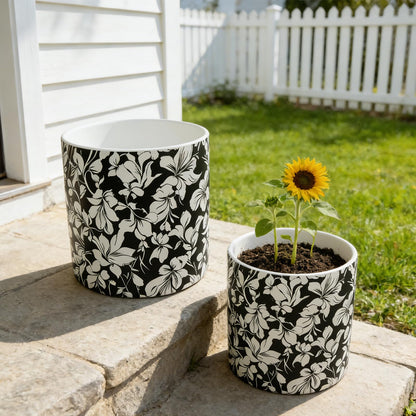 Ceramic Flowerpot Kit with Drainage Holes and Trays，5.9/4.9in Home Decor Planter for Indoor Potted Plants and Succulent Plants，2 Set of Black and White Plant Pot for Housewarming and Home Gifts
