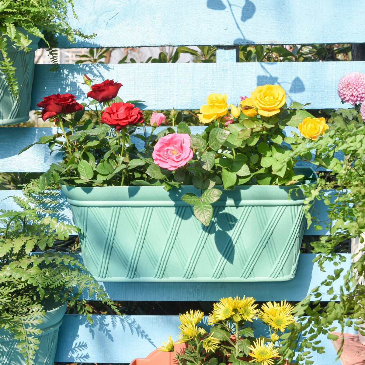 Sungmor 3 Pack Wall Hanging Planters, 16.5 Inch Railing Fence Hanging Flower Pots, Thickened Plastic Water Storage Plant Pot, Indoor Outdoor Garden Balcony Decor, Light Green Large Plant Basket
