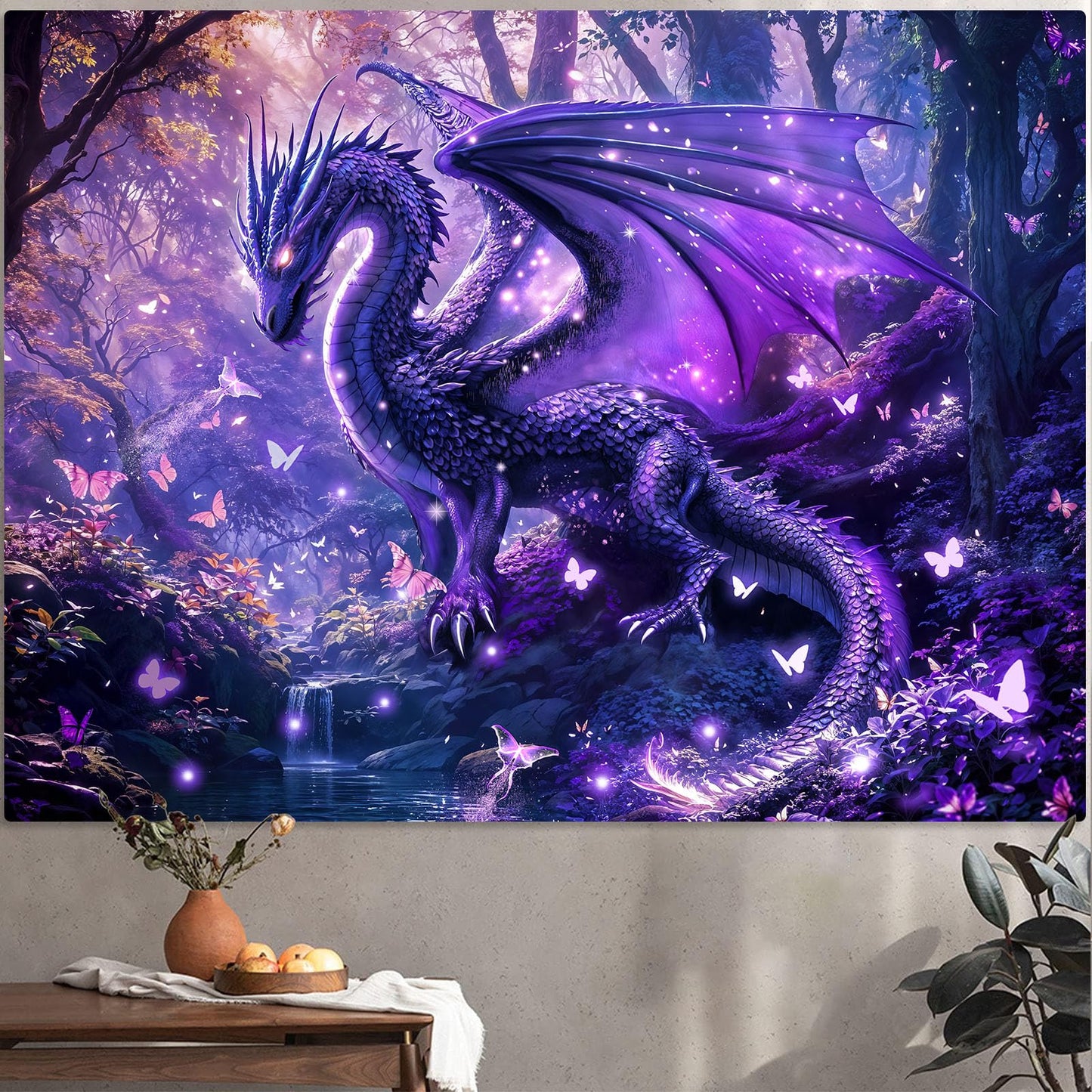 Spenlife Purple Mystical Forest Dragon Wall Tapestry, Fantasy Enchanted Wood Tapestries for Room Decor, Dreamy Tapestry 60x44 Inch