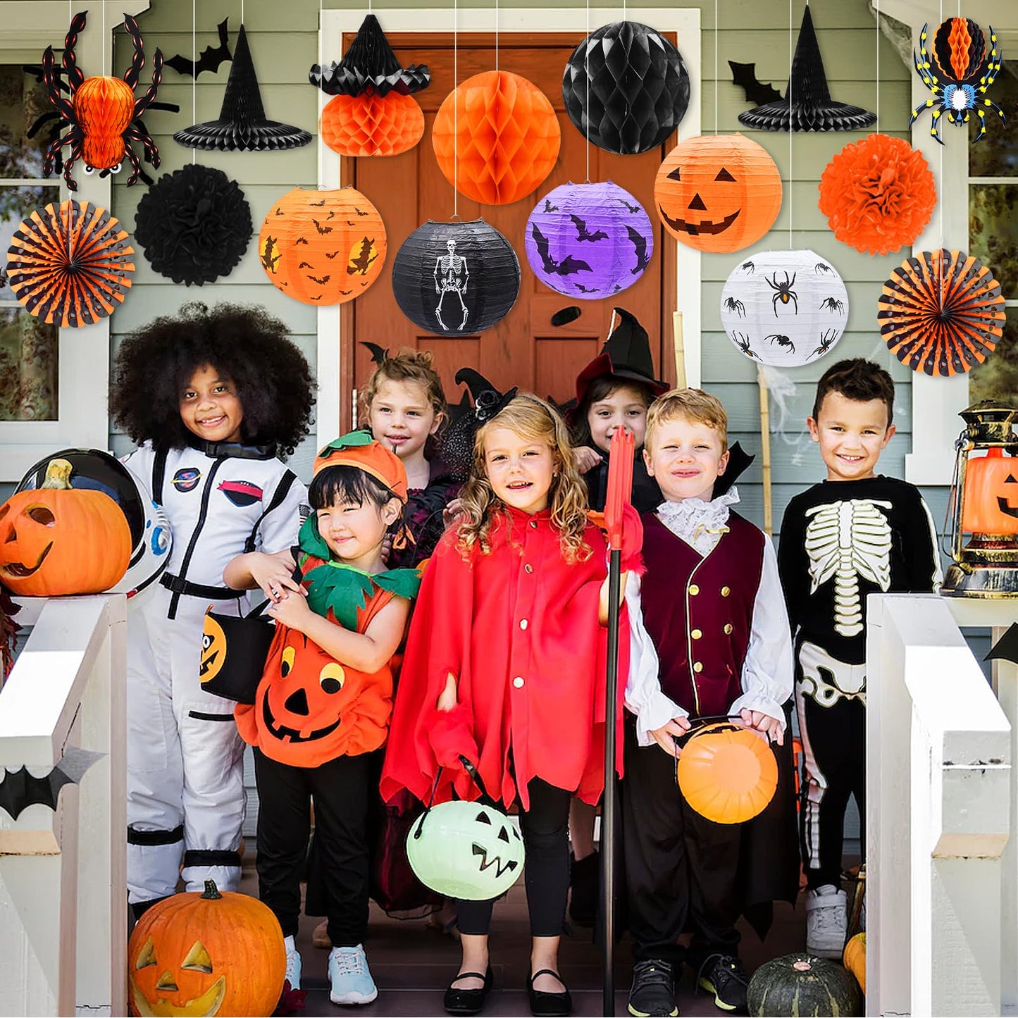 16-Pack Halloween Honeycomb Paper Lantern Ornaments – Hanging Decorations in Pumpkin, Spider, Witch Hat, and Ghost Designs for Halloween Party, Indoor Outdoor Décor, Fall Festival Supplies