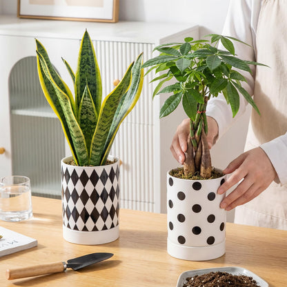 Ferrochef Ceramic Plant Pots Set of 2, 6 Inch Flower Pots with Drainage Hole Modern Polka Dot Diamond Planter for Indoor Outdoor, Black and White