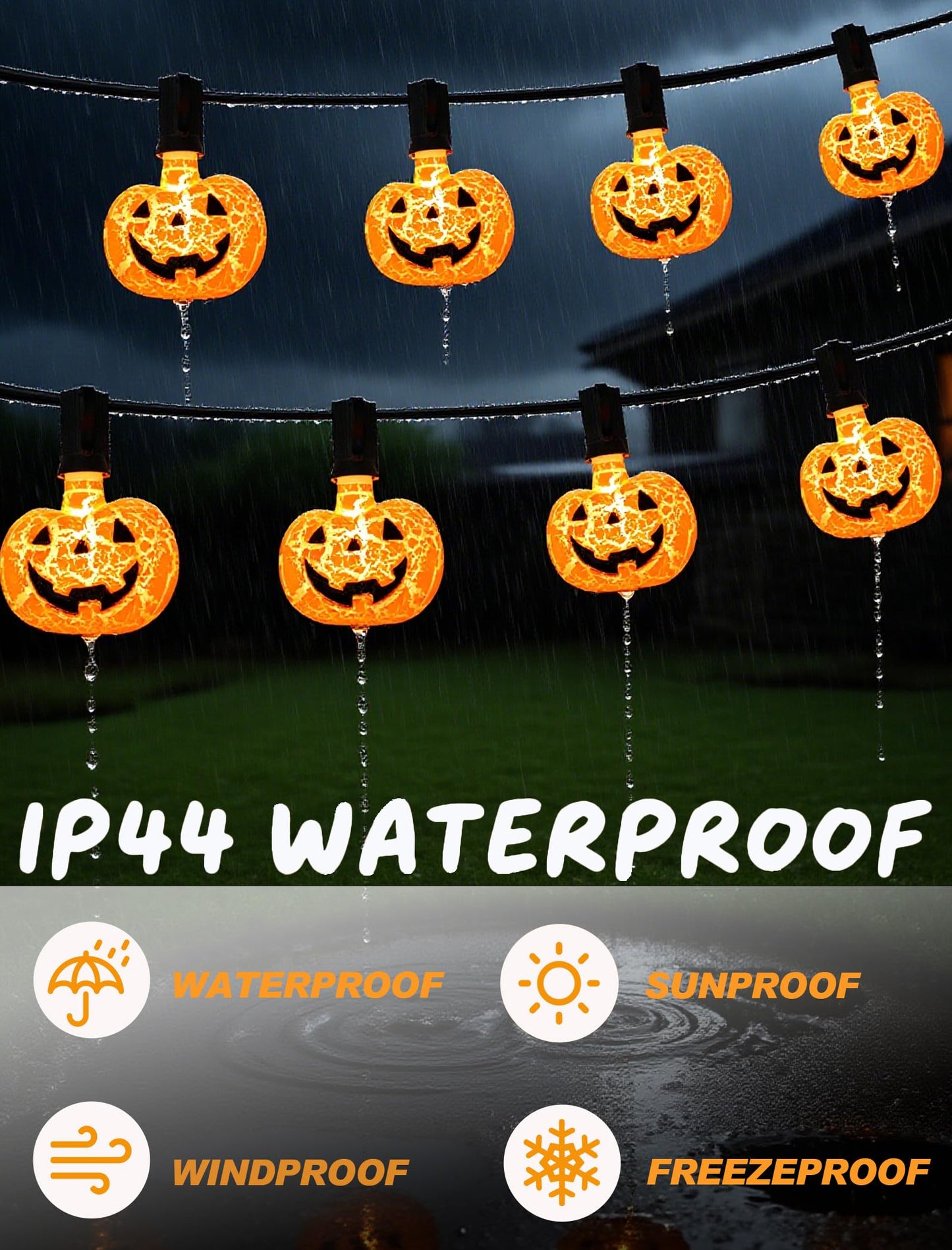Unleash a Haunting Glow: 10.5ft Plug-in Halloween Pumpkin String Lights, Connectable (Up to 72 Strands), Waterproof Jack o Lantern Lights for Outdoor/Indoor, Heavy-Duty Orange Holiday Lights for Porch