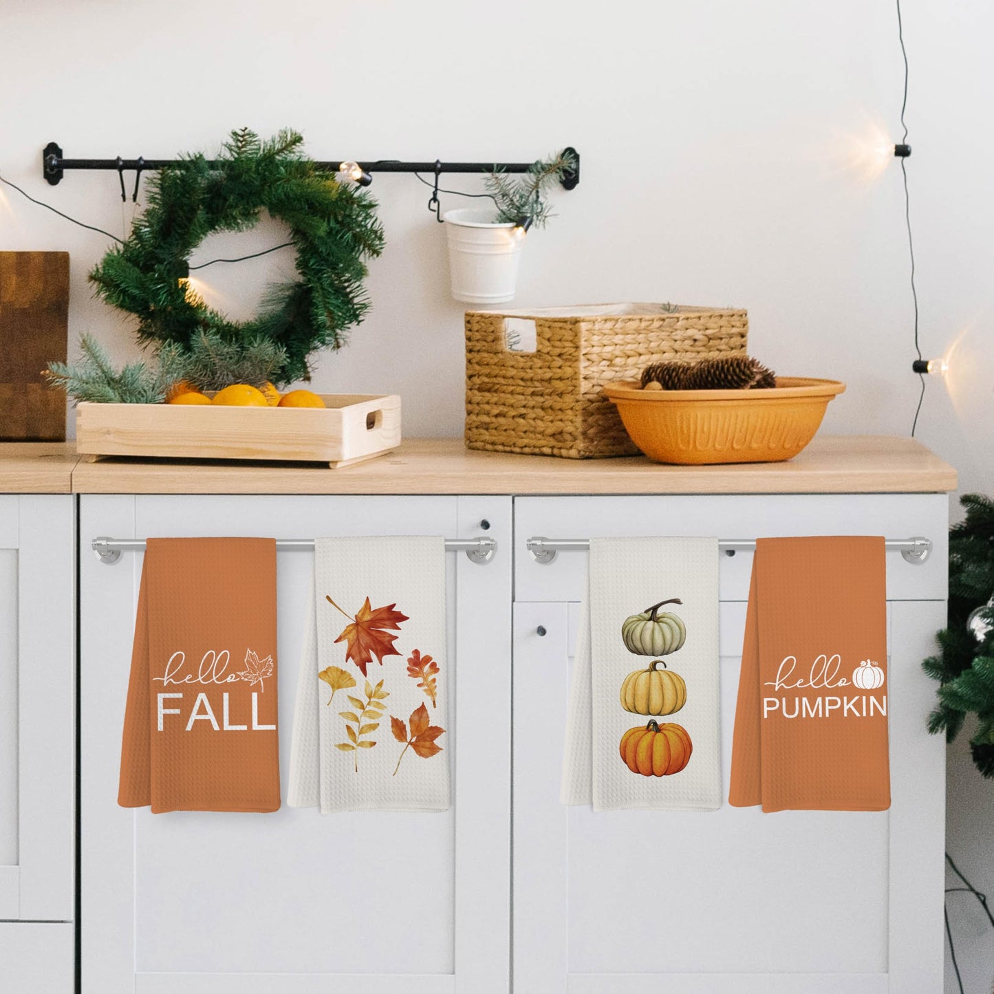 Yorhifa Hello Fall Pumpkin Kitchen Towels Set of 4, Autumn Harvest Maple Leaves Towels for Bathroom Decor, 16x24inch