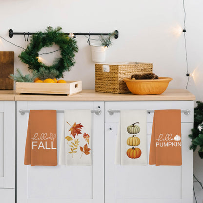 Yorhifa Hello Fall Pumpkin Kitchen Towels Set of 4, Autumn Harvest Maple Leaves Towels for Bathroom Decor, 16x24inch
