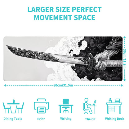 Katana Gaming Mouse Pad 31.5x11.8 Inch Large Black Long Extended Pads Big Mousepad Large Non-Slip Rubber Base Waterproof Big Keyboard Mat with Stitched Edges for PC Computer Laptop and Office