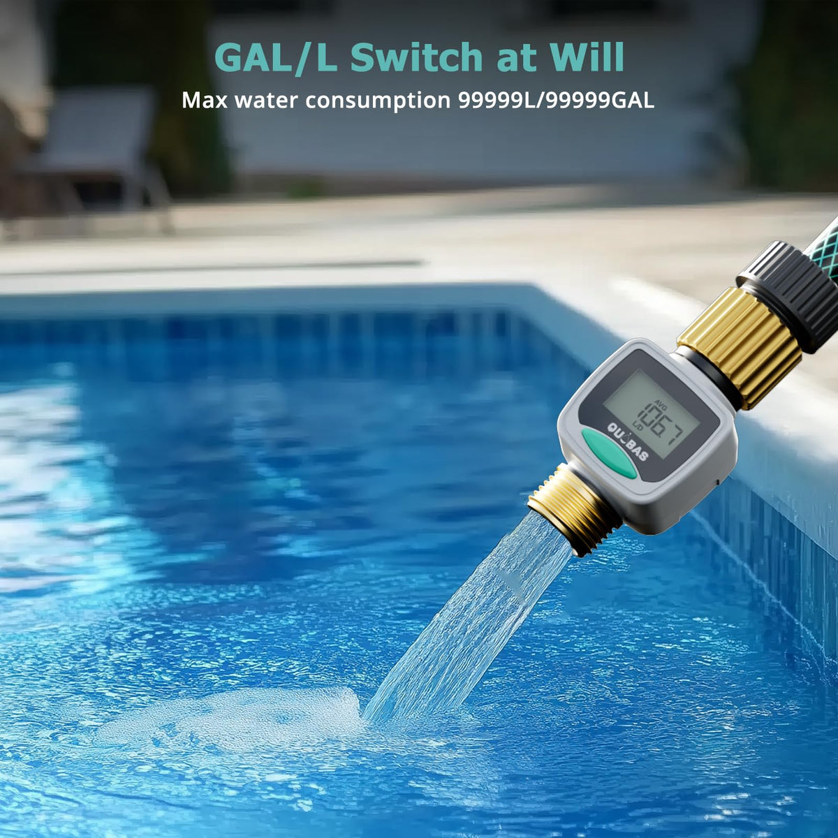 QUOBAS 2 Pack Water Flow Meter with Brass Fittings, Easy-Install Garden Hose Flow Meter for RV, Outdoor Plants, Lawn & Pool, Waterproof Screen, Tracks Gallon/Liter Usage, 4 Modes