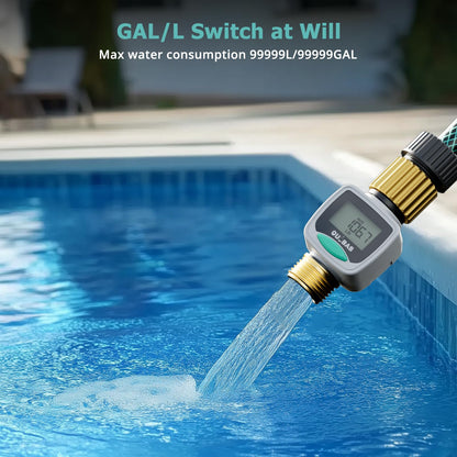 QUOBAS 2 Pack Water Flow Meter with Brass Fittings, Easy-Install Garden Hose Flow Meter for RV, Outdoor Plants, Lawn & Pool, Waterproof Screen, Tracks Gallon/Liter Usage, 4 Modes
