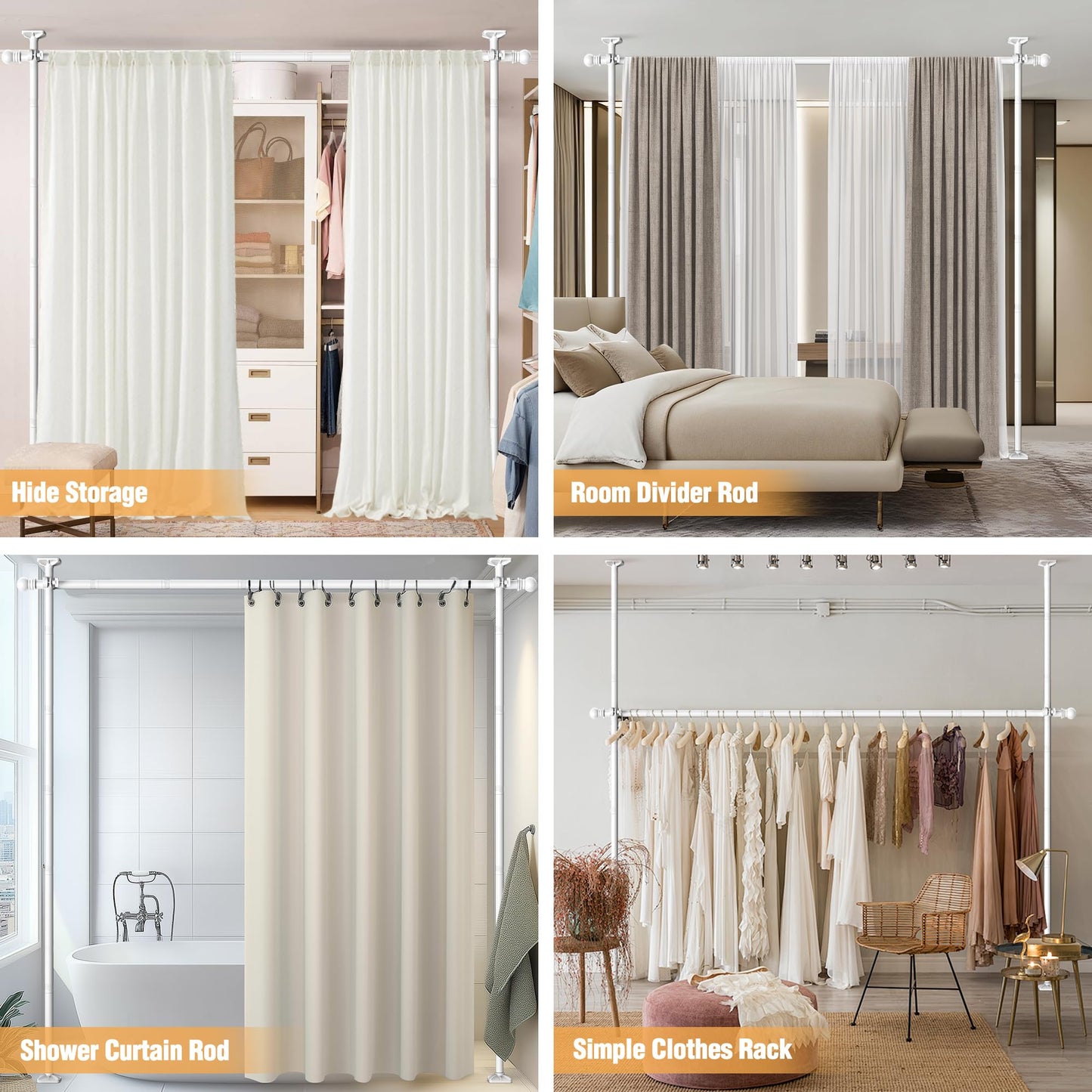 AKTOP Room Divider Curtain Rod, No Drilling Privacy Room Separator for Space Partition, 4-11ft(H) 28-117”(W) Adjustable Heavy Duty Floor to Ceiling Wall Divider Tension Rod for Room Separation, White