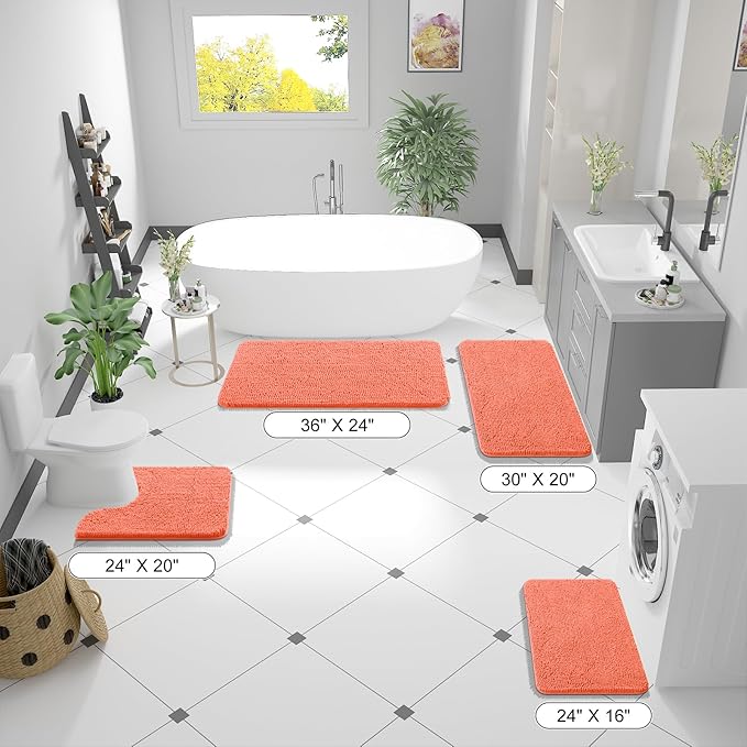 OLANLY Large Bathroom Rugs 70x46, Extra Soft Absorbent Chenille Bath Rugs, Rubber Backing Quick Dry, Machine Washable Bath Mats for Bathroom Floor, Tub and Shower, Home Decor Accessories, Coral